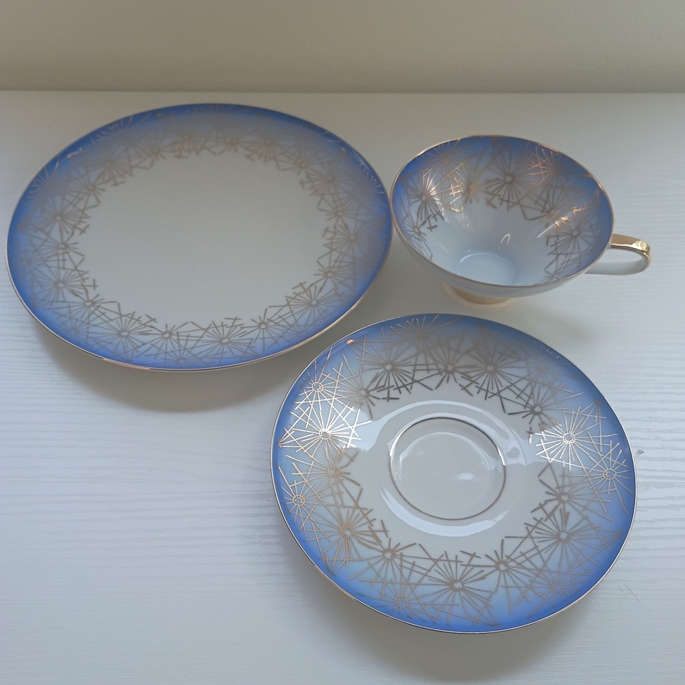 Germany Bavaria Blue Gold Star Bursts 3pc Tea Set Service For 1 Cup Saucer Plate - Picture 4 of 9